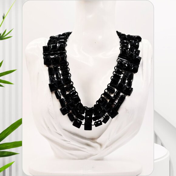 Natasha Black Geometric Multi-Strand Statement Necklace Chunky Resin Bib Collar - Picture 3 of 9